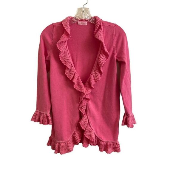 Lilly Pulitzer Pink Ruffle Cascading Kiernan Cardigan Sweater Metallic Ruffles - Picture 2 of 7